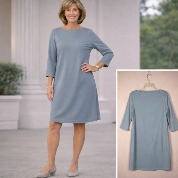 Eileen Fisher Dresses & Skirts - Eileen Fisher Washable Stretch Crepe Shift Dress L Boat Neck Viscose 3/4 Sleeves